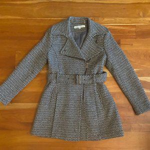 KENNETH COLE TWEED BELTED MOTO PEACOAT CARCOAT WOOL BLEND SZ MED